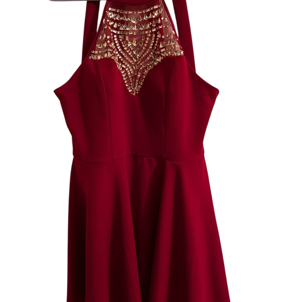 B Darlin Red Halter Mini Dress with Gold Accents